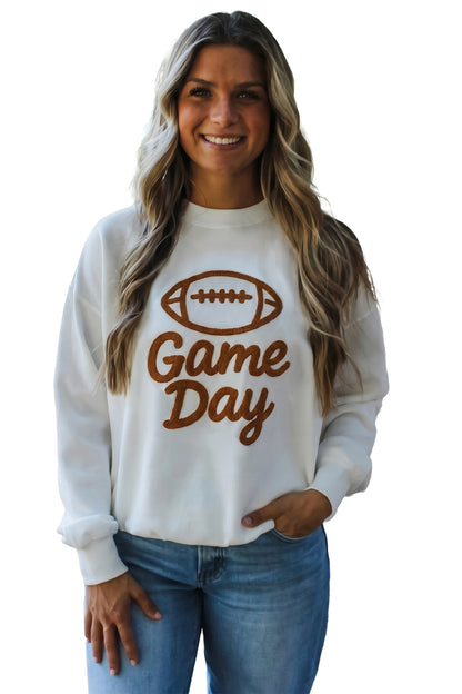 White Embroidered Slogan Game Day Rugby Pattern Crewneck Sweatshirt