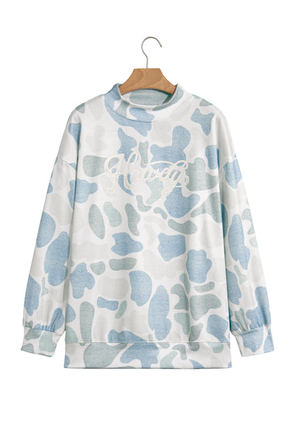 Multicolour Camo Print Howdy Western Style Baggy Pullover Sweatshirt