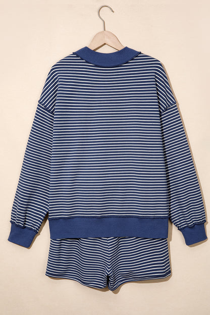 Pink Stripe Ribbed Patchwork Mock Neck Baggy Pullover Matching Shorts Set