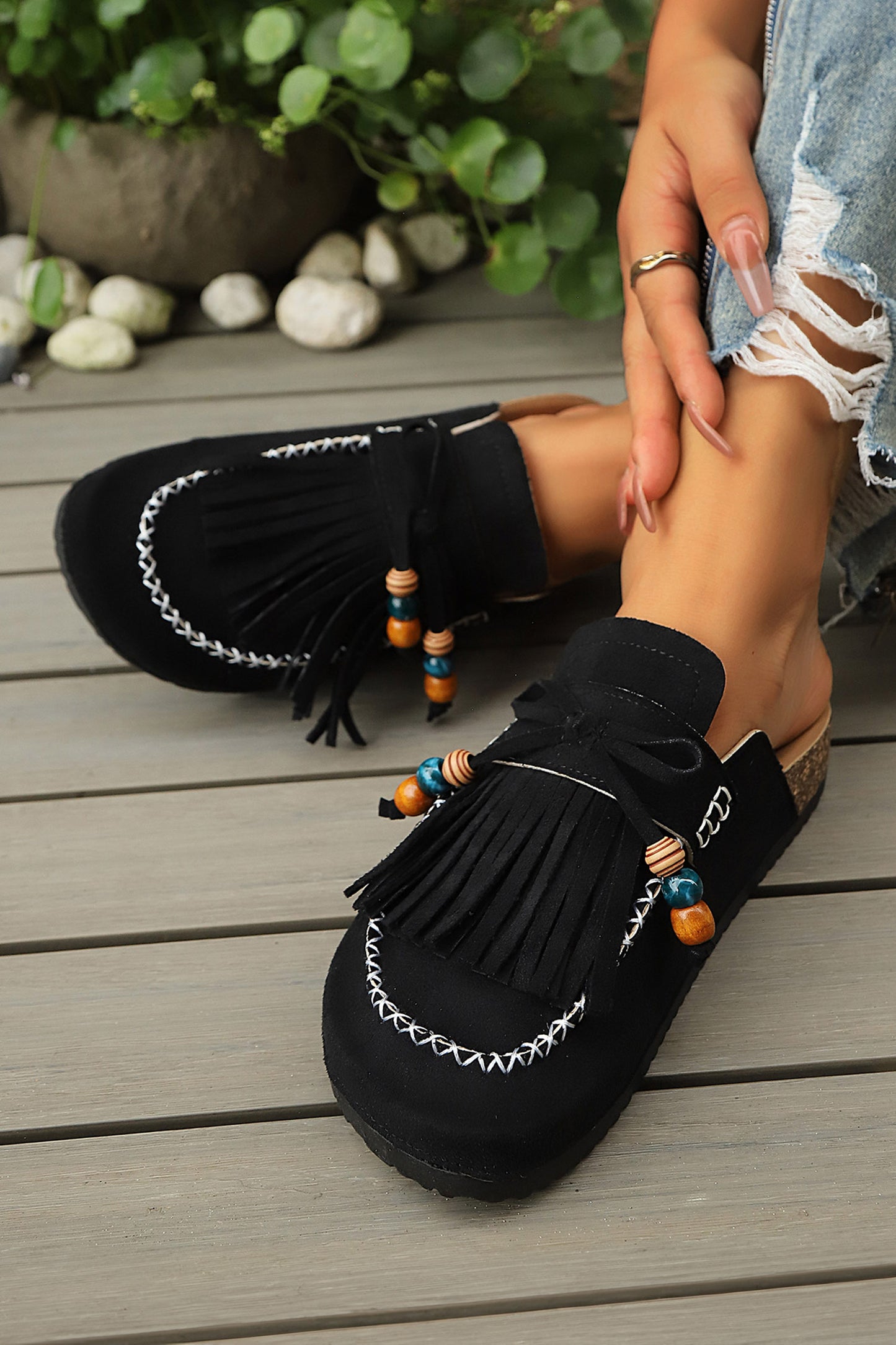Dark Grey Boho Bow Fringed Faux Suede Slip-on Loafers Square Toe Casual Slippers