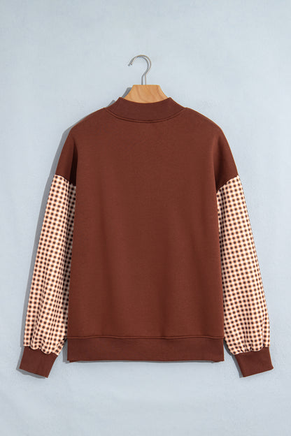 Black Plaid Sleeve Colorblock Loose Tunic Sweatshirt