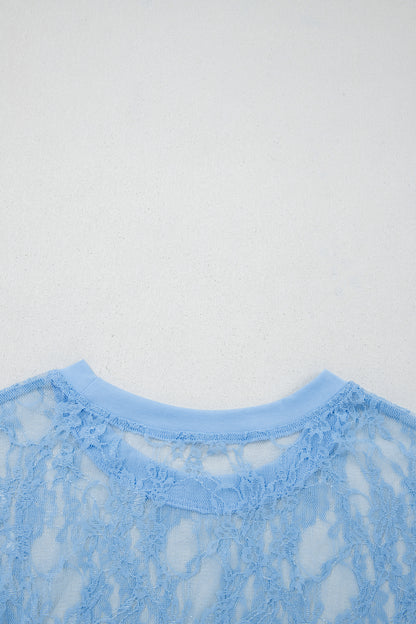 Beau Blue Sheer Floral Lace Boxy Tee