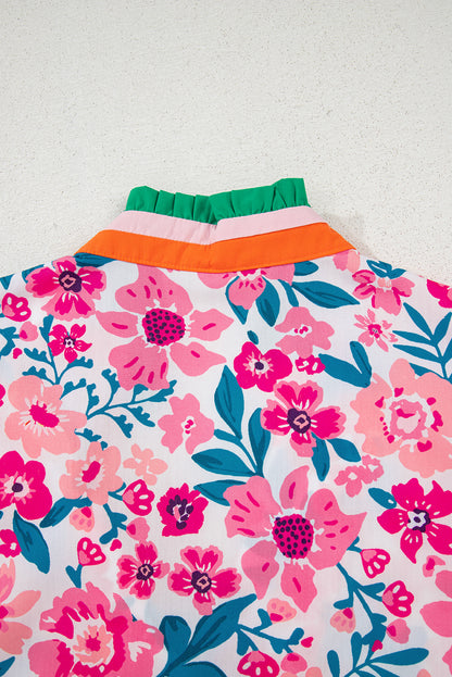 Pink Floral Print Contrast Striped Detail Short Sleeve Blouse