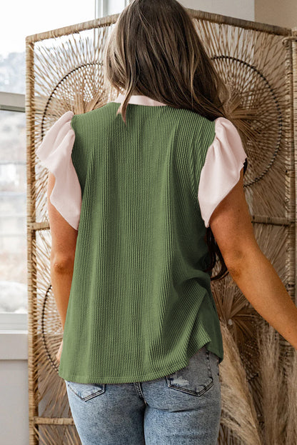 Black Plus Size Contrast Frilled Neckline Ruffled Short Sleeve Ribbed Textured Blouse