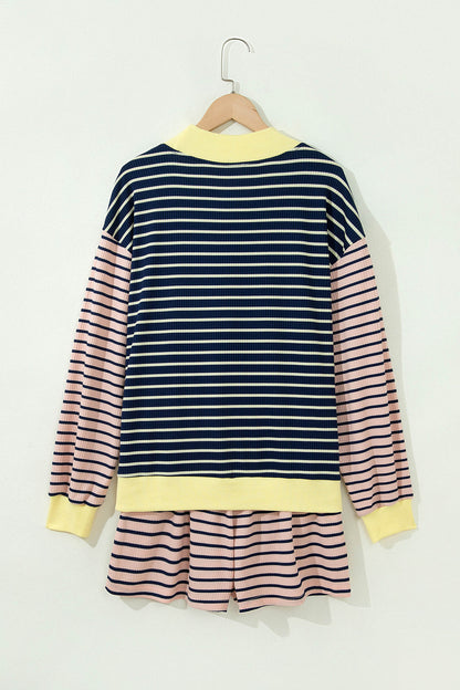Blue Stripe Color Block Long Sleeve Pullover Ribbed Knit Casual Shorts Set