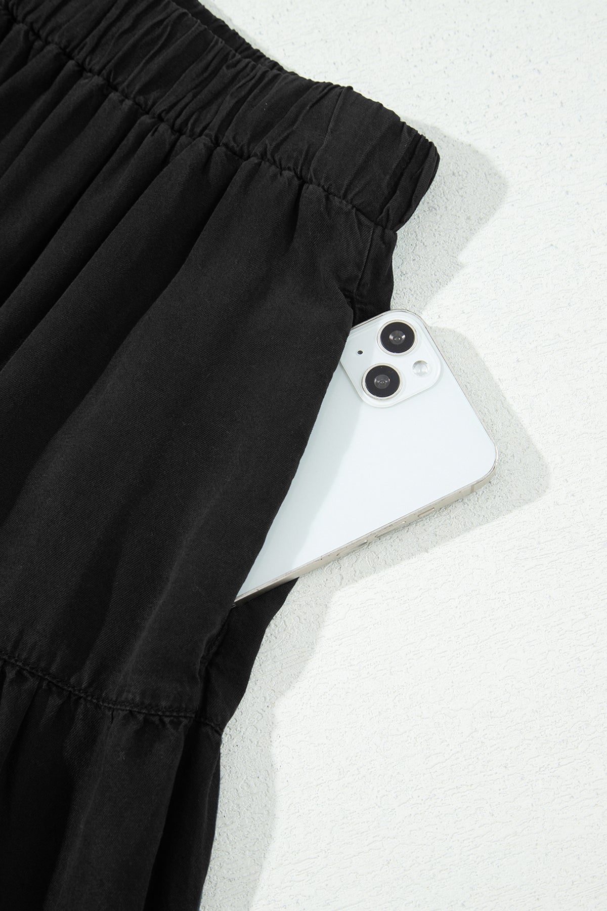 Black Elastic Waist Ruffled Tiered Flared Denim Maxi Skirt