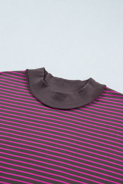 Pink Stripe Ribbed Patchwork Mock Neck Baggy Pullover Matching Shorts Set