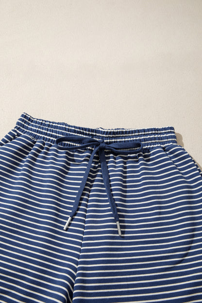Pink Stripe Ribbed Patchwork Mock Neck Baggy Pullover Matching Shorts Set