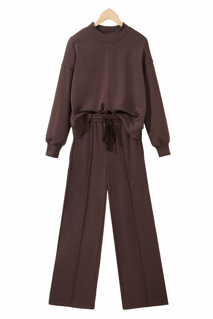 Coffee Solid Color Piping Trim Mock Neck Pullover Drawstring Pants Set