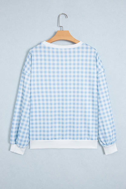 Light Blue Plaid Round Neck Long Sleeve Sweatshirt