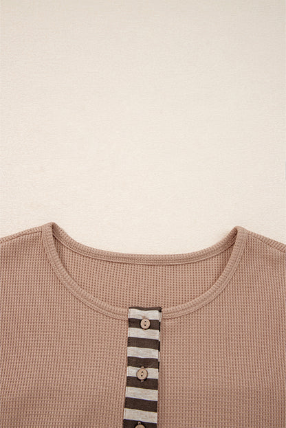 Straw Yellow Waffle Stripe Plaid Patchwork Henley Knit Top