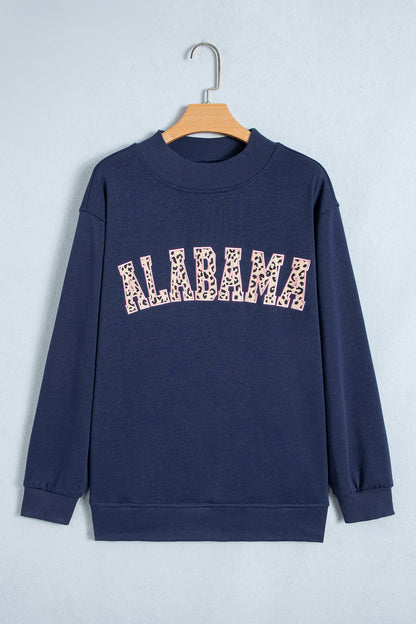 Dirty blue Embroidered Leopard Alabama High Neck Long Sleeve Tunic Sweatshirt