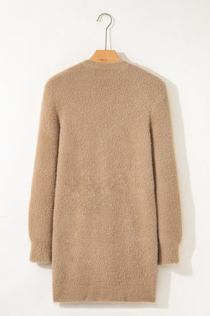 Smoke Gray Fuzzy Buttoned Front Midi Solid Cardigan