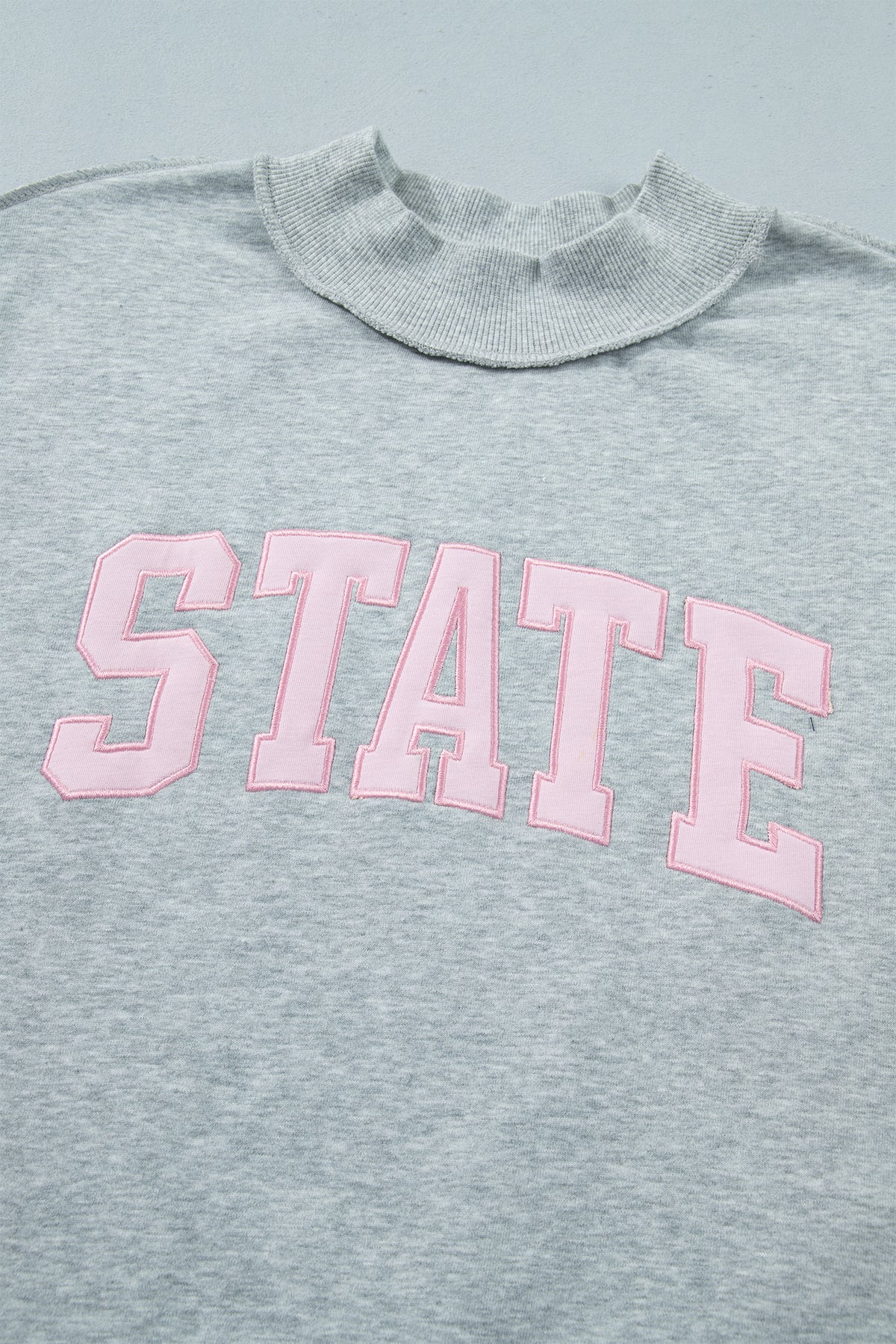 Light Grey Exposed Seam Mock Neck Letter Embroidered Loose Sweatshirt