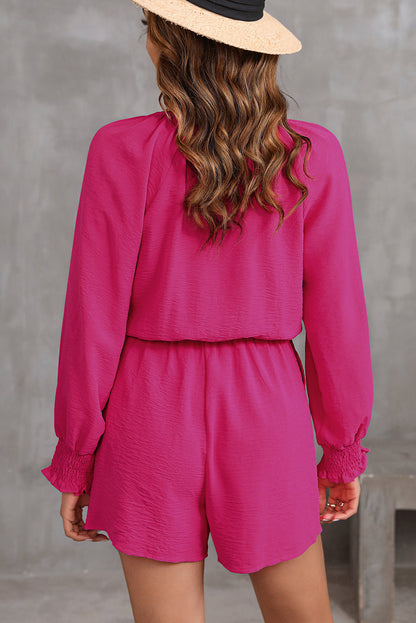 Rose Tie Knot V Neck Puff Long Sleeve Romper