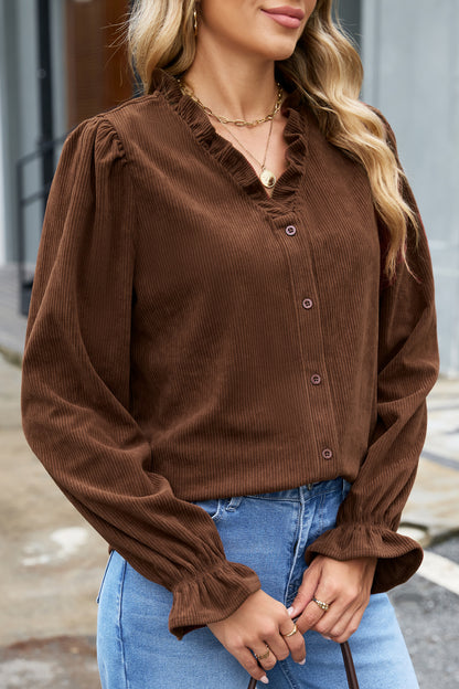 Coffee Solid Color Ruffle Trim V Neck Long Sleeve Button Corduroy Shakcet